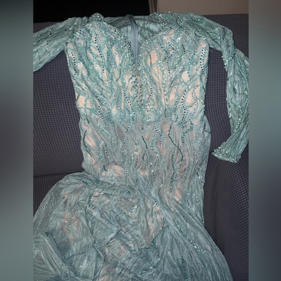 BEADED ILLUSION LONG SLEEVE PLUNGE NECK GOWN - Picture 6 of 6